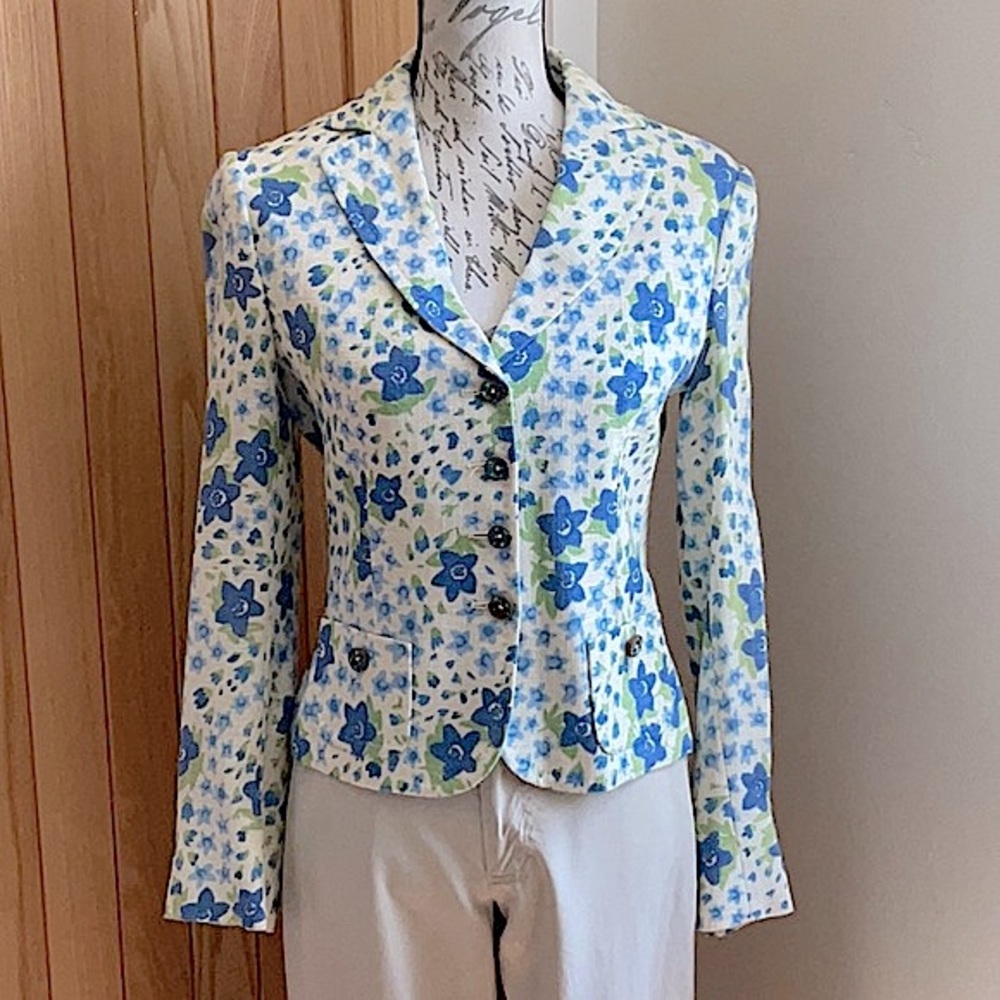 Women’s Moschino, Vintage, blue flower fitted & lined, Cotton dinner jacket. S